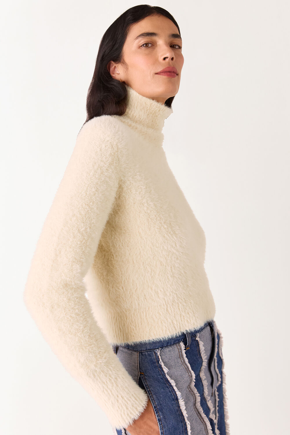 Beige Isla Cropped Fluffy Roll Neck
