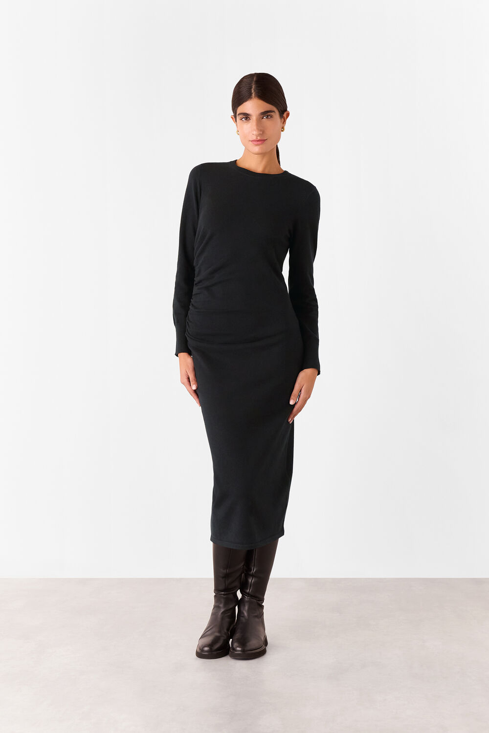 Black Gathered Side Midi Sweater Dress