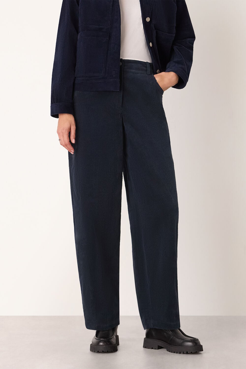 Navy Barrel Leg Cotton Cord Trouser