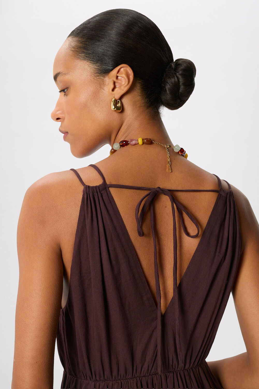 Brown Cotton Maxi V Neck Sundress