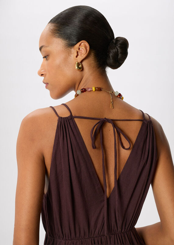 Brown Cotton Maxi V Neck Sundress