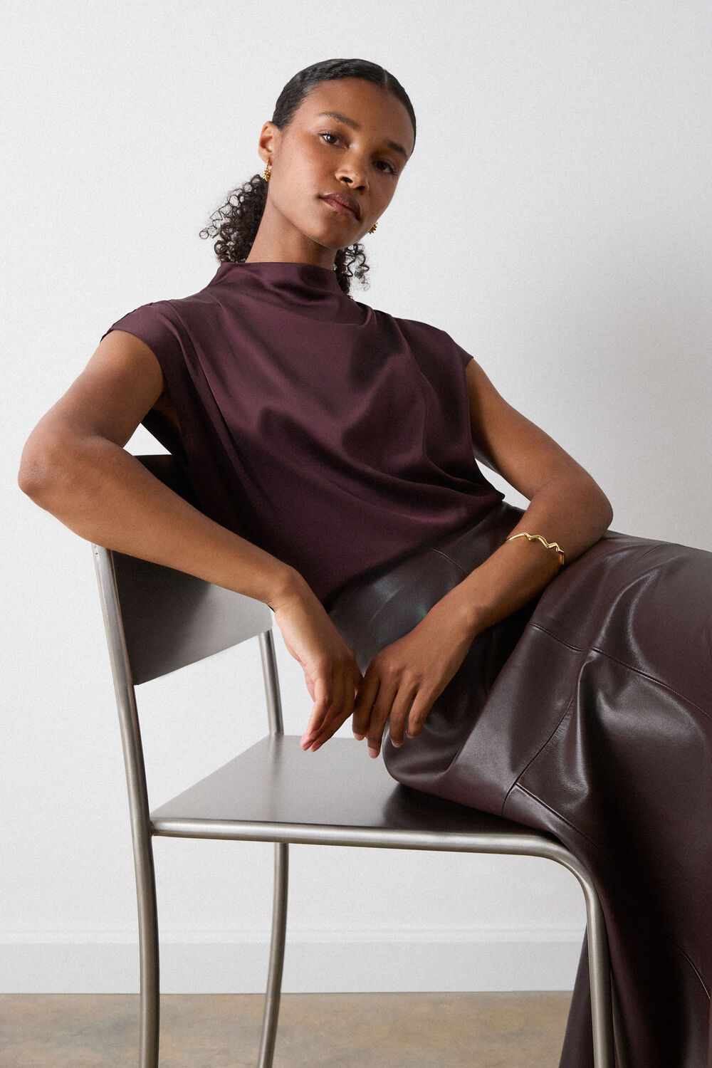 Burgundy Cowl Neck Satin Sleeveless Top