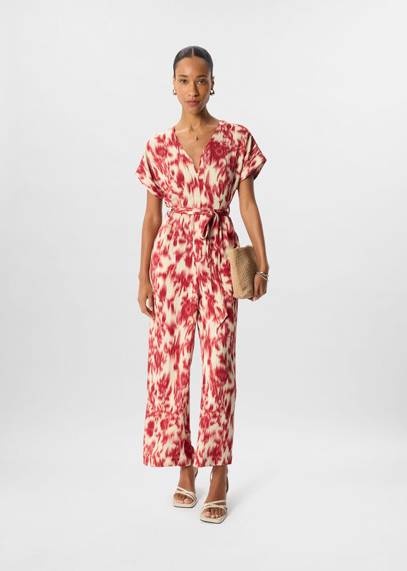 Red Blurred Floral Tie Jumpsuit
