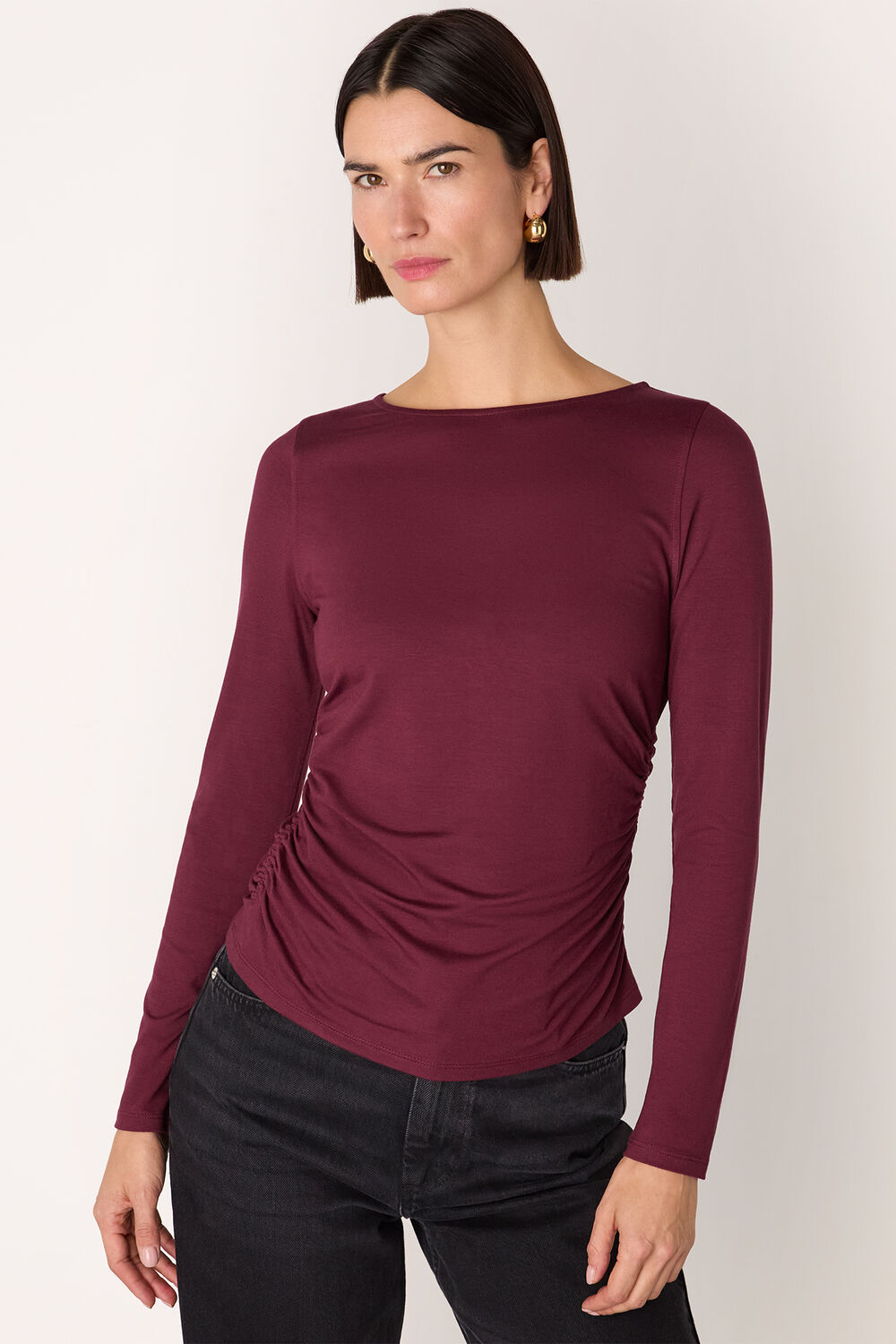 Burgundy Ruched Side Long Sleeve Top