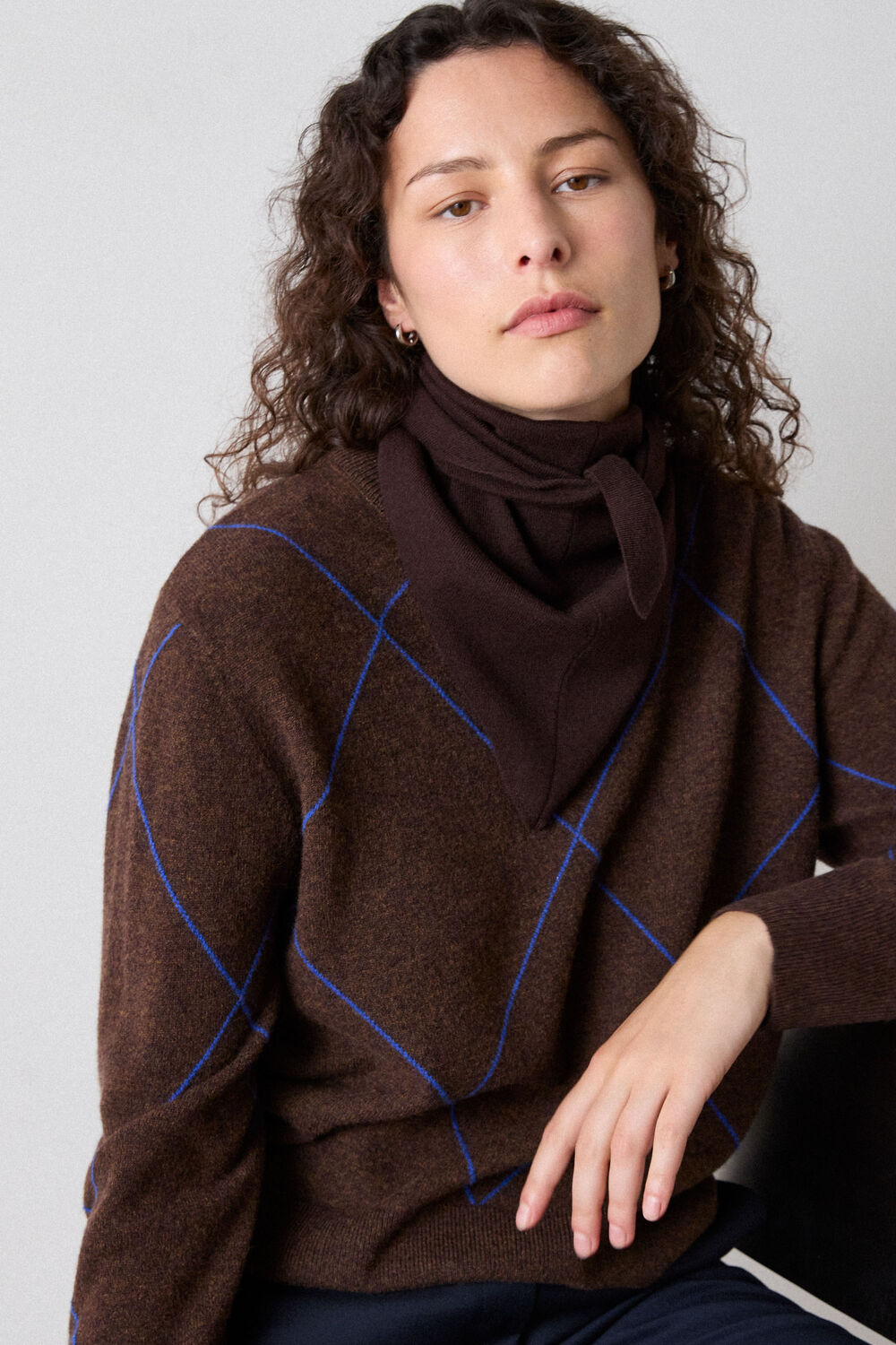 Brown Wool Contrast Diamond Knit