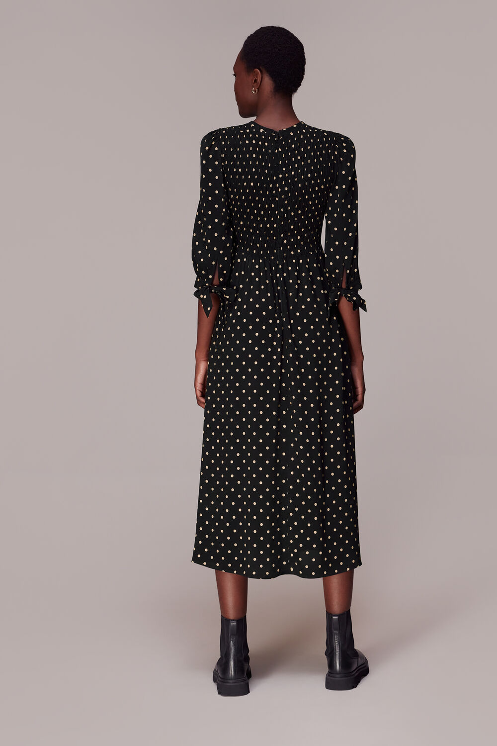 Shirred Spot Midi Dress