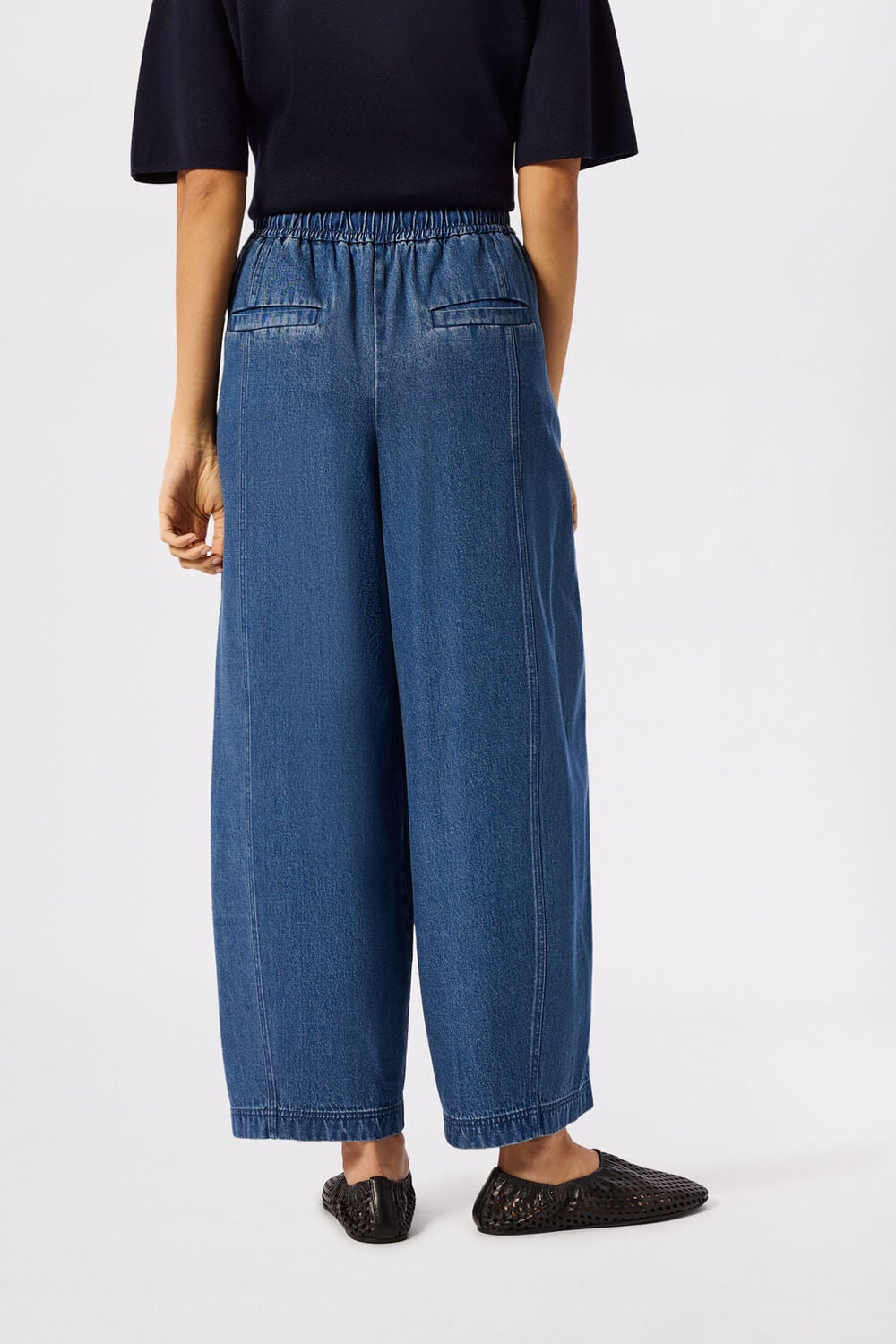 Blue Denim Casual Drawstring Barrel Trouser