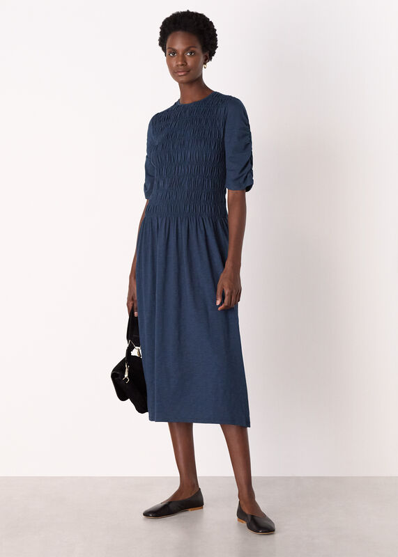 Navy Jersey Shirred Midi Dress