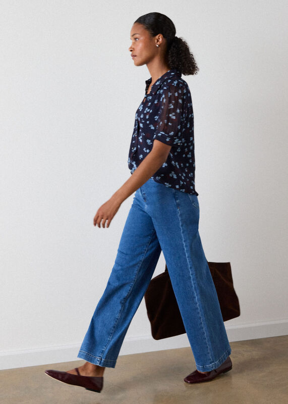 Navy Floral Short Sleeve Viscose Pintuck Blouse