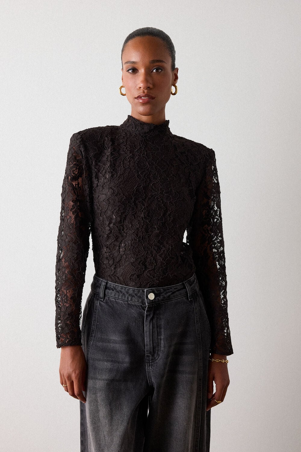 Chocolate Lace Power Shoulder Top