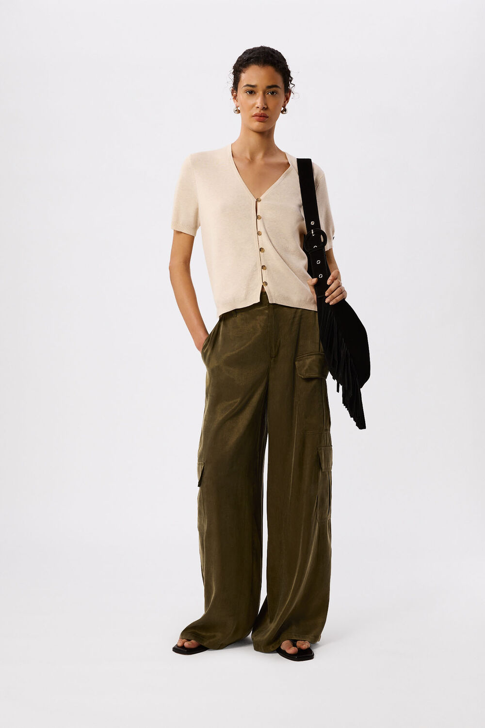 Oatmeal Short Sleeve Button Front Knit
