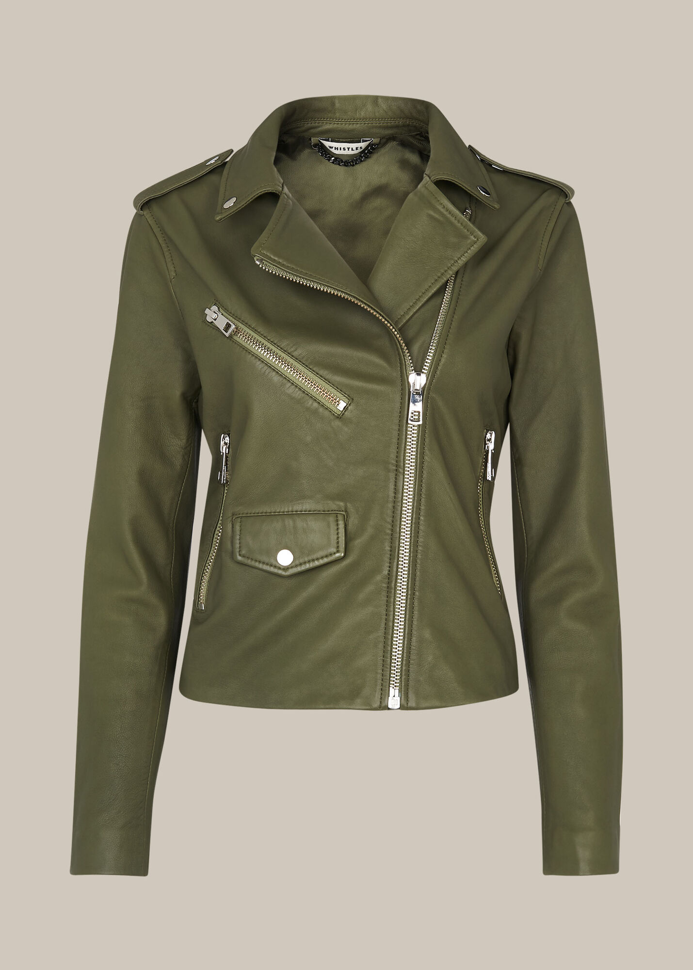 Agnes Khaki Sheepskin Leather Biker Jacket Whistles Whistles US
