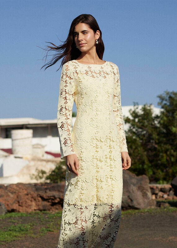 Cream Floral Crochet Knit Dress