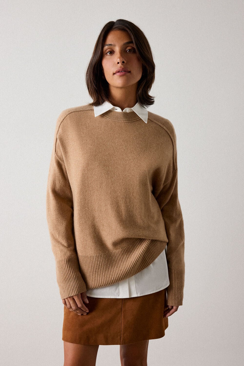 Camel Cashmere Seam Detail Crew Knit