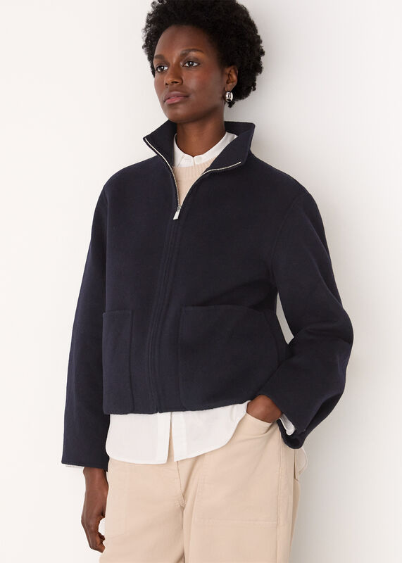 Navy Funnel Neck Double Face Jacket