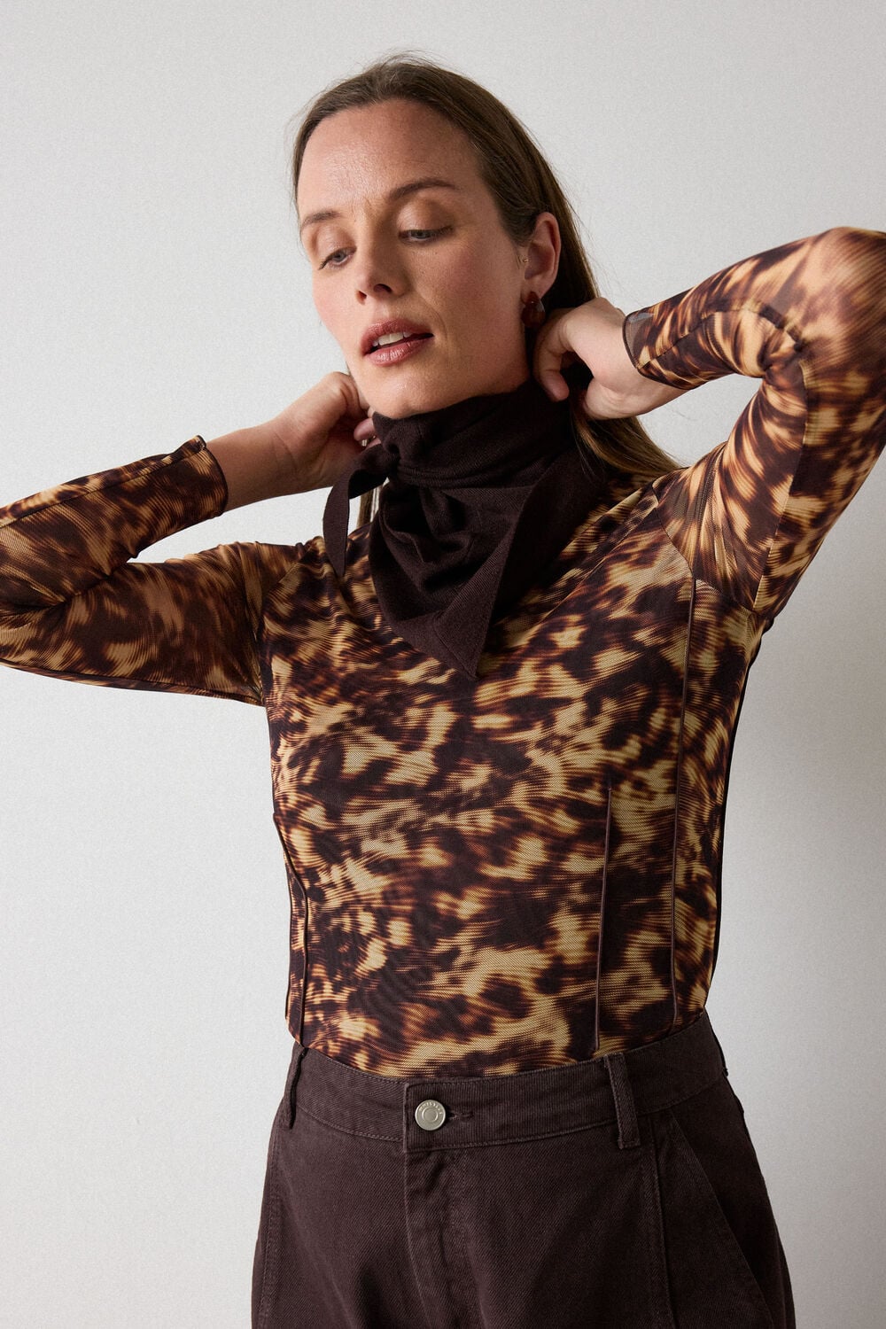 Brown Abstract Animal Mesh Top