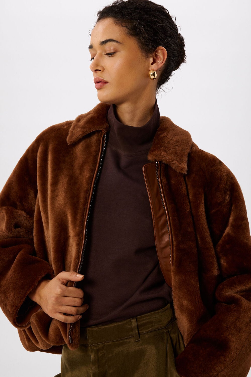 Chocolate Gathered Shearling Jacket
