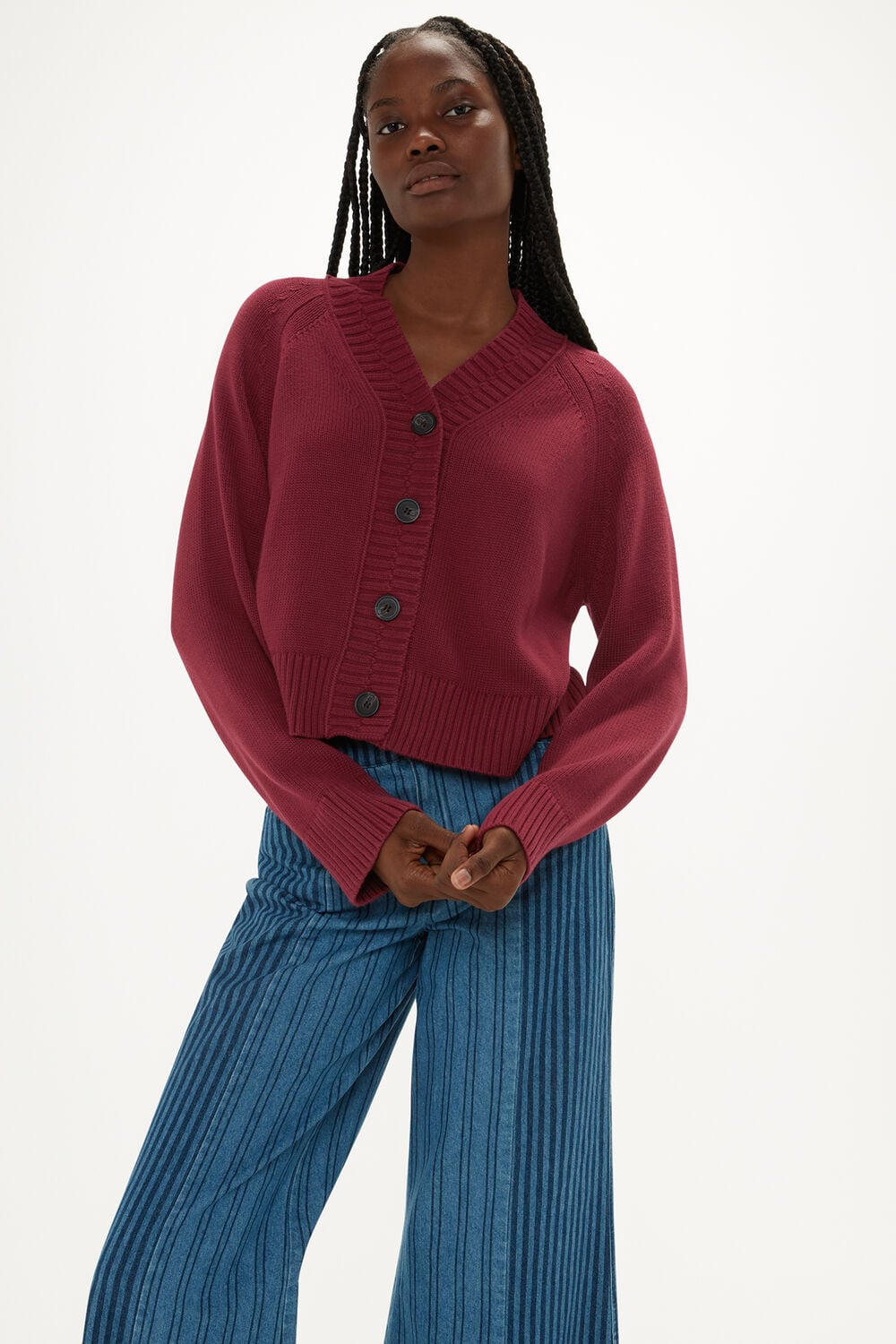 Burgundy Ribbed Detail Cotton Cardigan