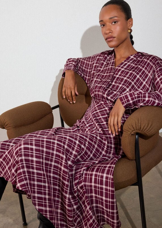 Burgundy Check Midi Shirt Dress