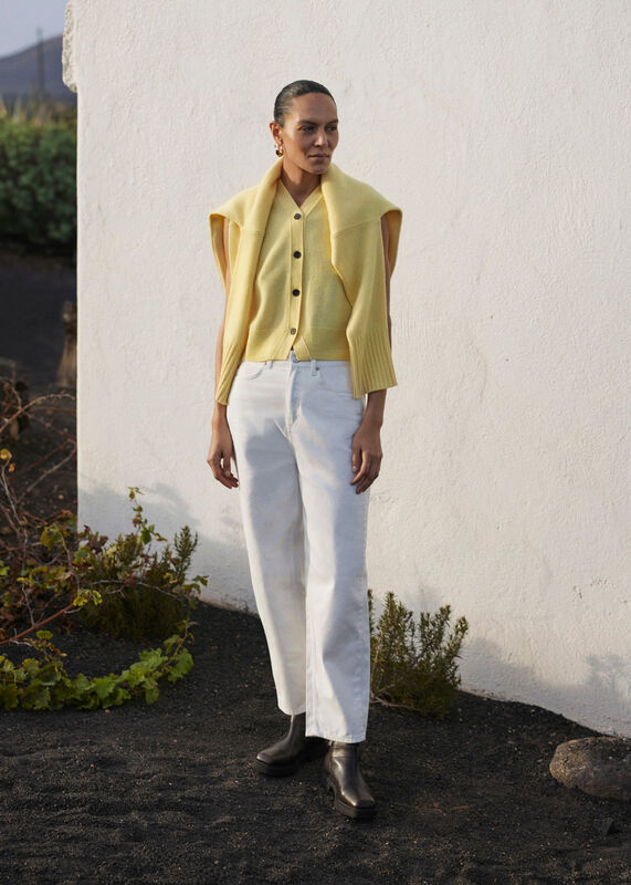 Yellow Wool V Neck Button Front Sweater Vest