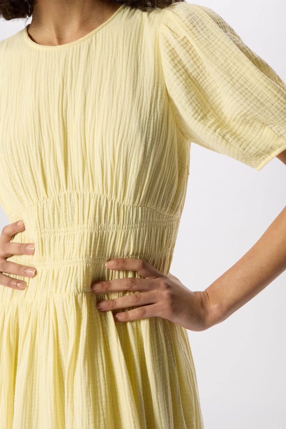 Yellow Shirred Cheesecloth Midi Dress