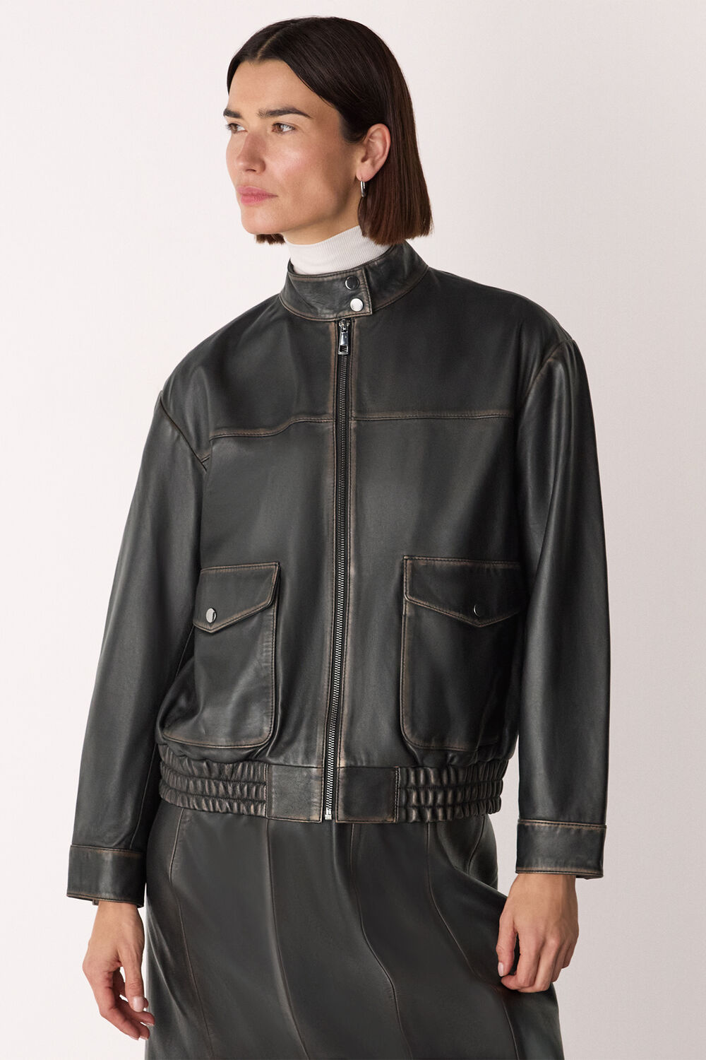 Black Burnished Leather Bomber