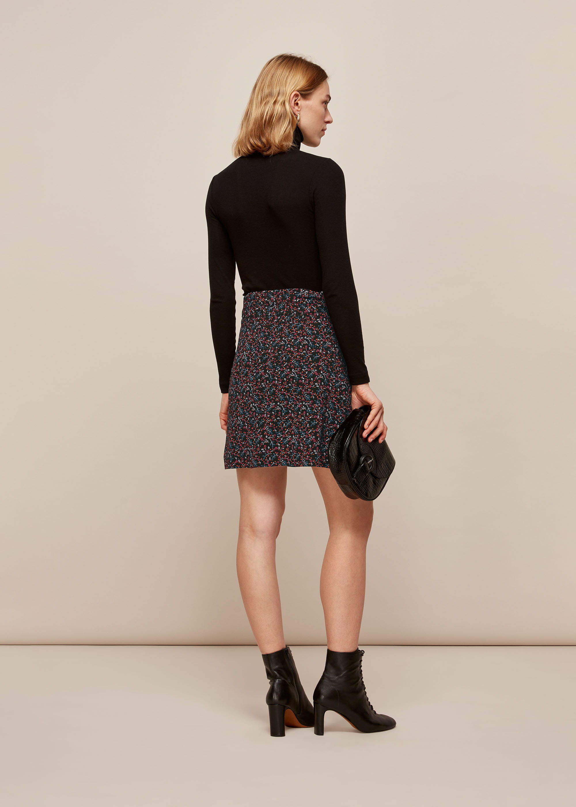 Black/Multi Starflower Print Wrap Skirt | WHISTLES |