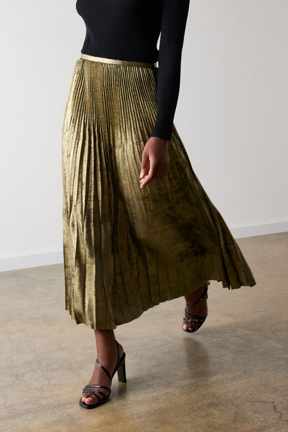 Gold Metallic Pleated Midi Skirt
