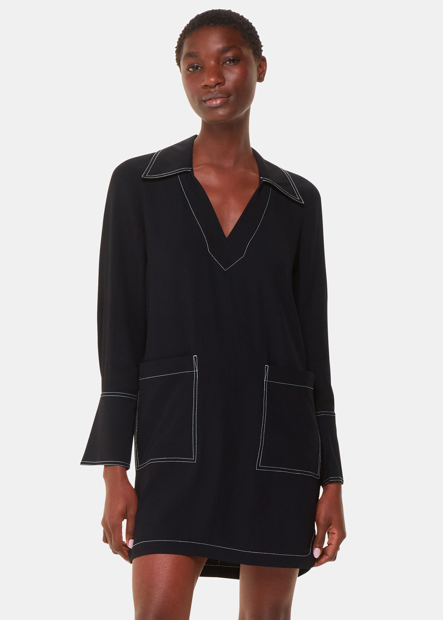 Black Topstitch Detail Shirt Dress | WHISTLES | Whistles US |