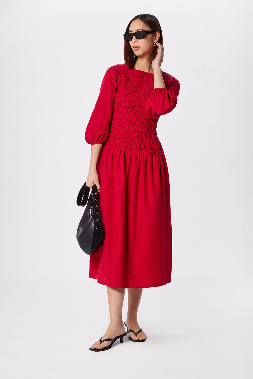 Red Smocked Bodice Midi Dress
