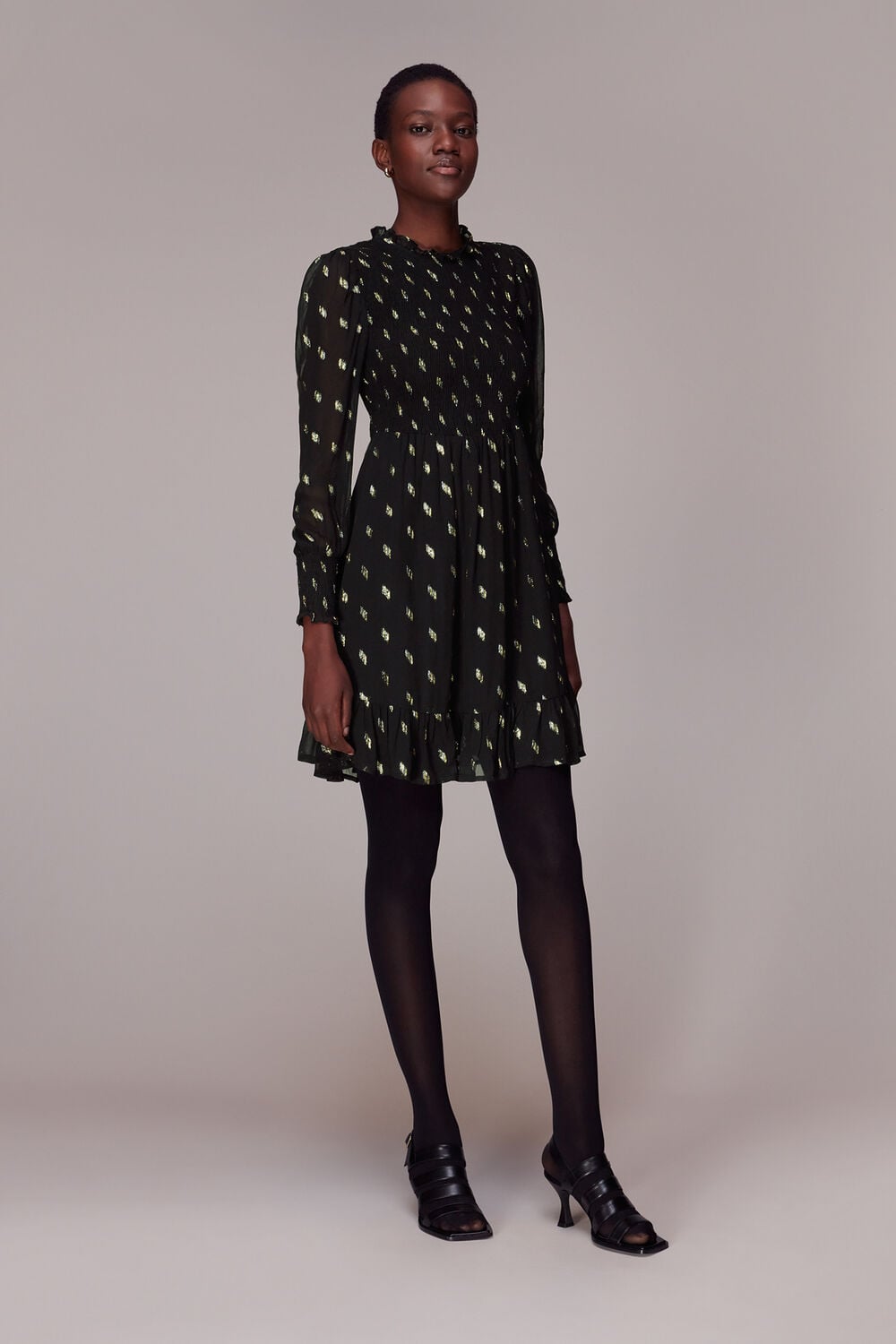 Black Dobby Shirred Metallic Dress