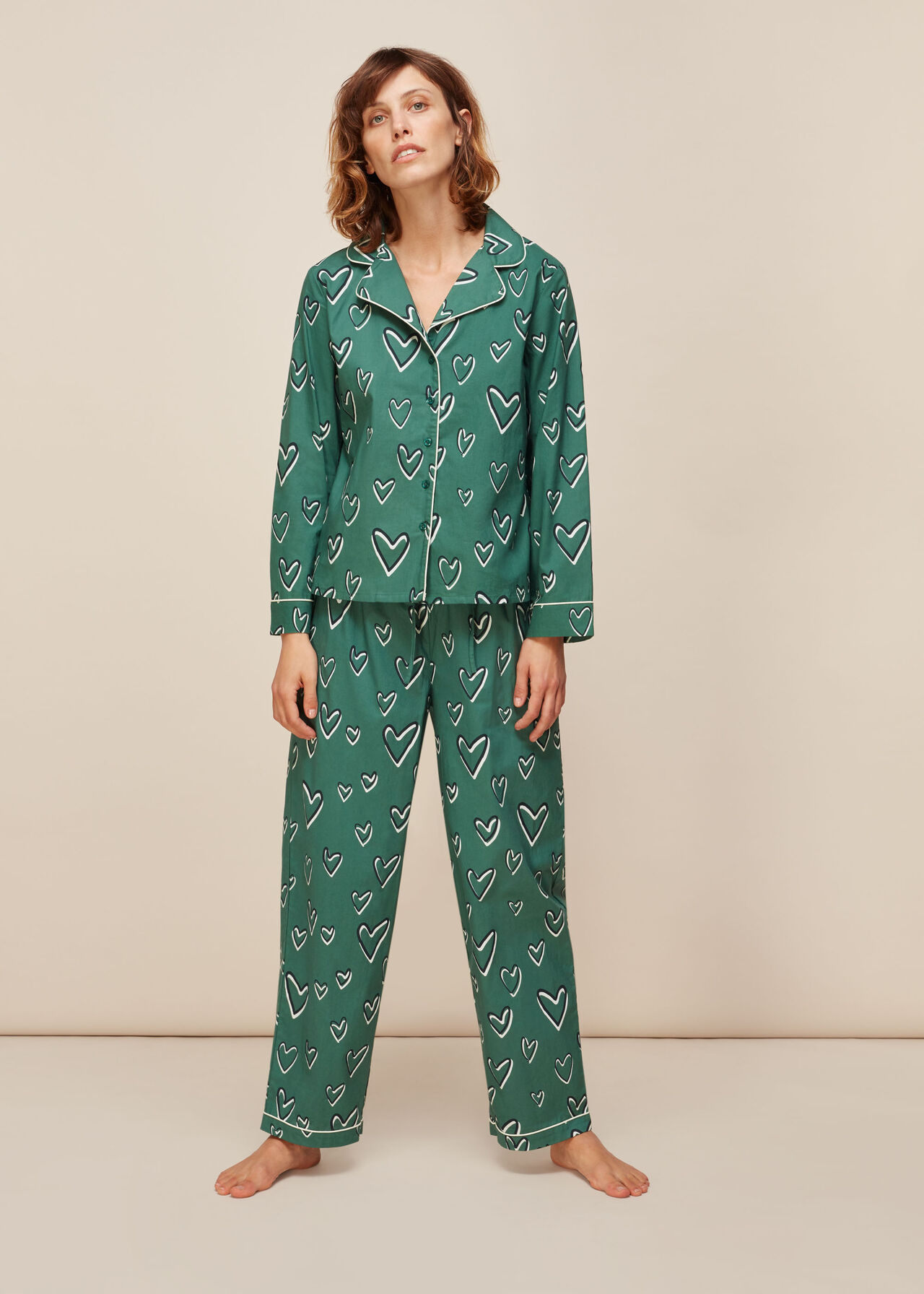 Green/Multi Heart Print Cotton Pyjama Set, WHISTLES