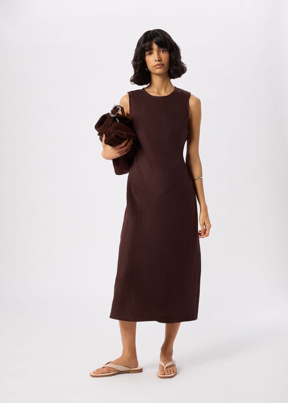 Brown Bias Cut Linen Dress