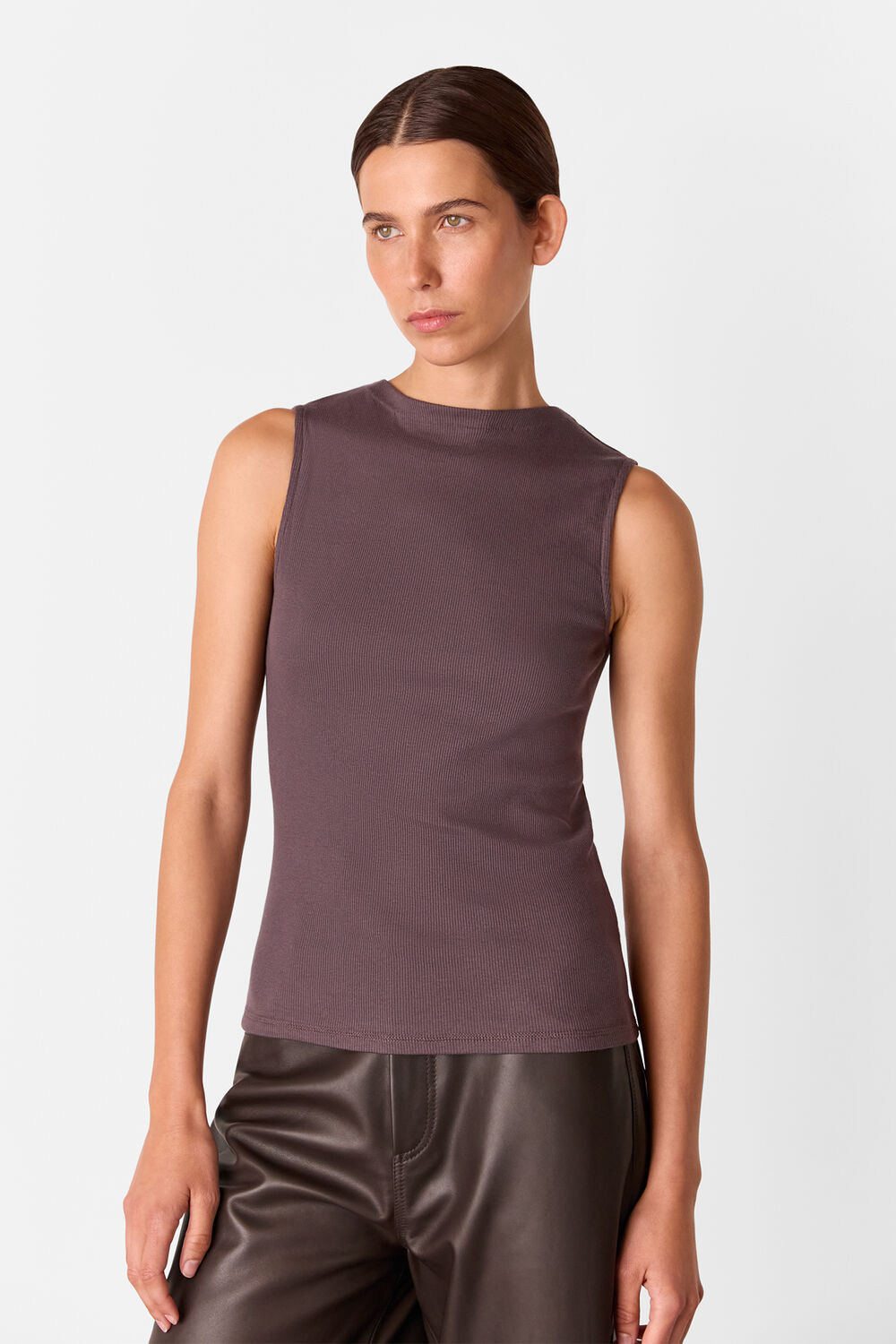 Brown High Neck Rib Detail Tee