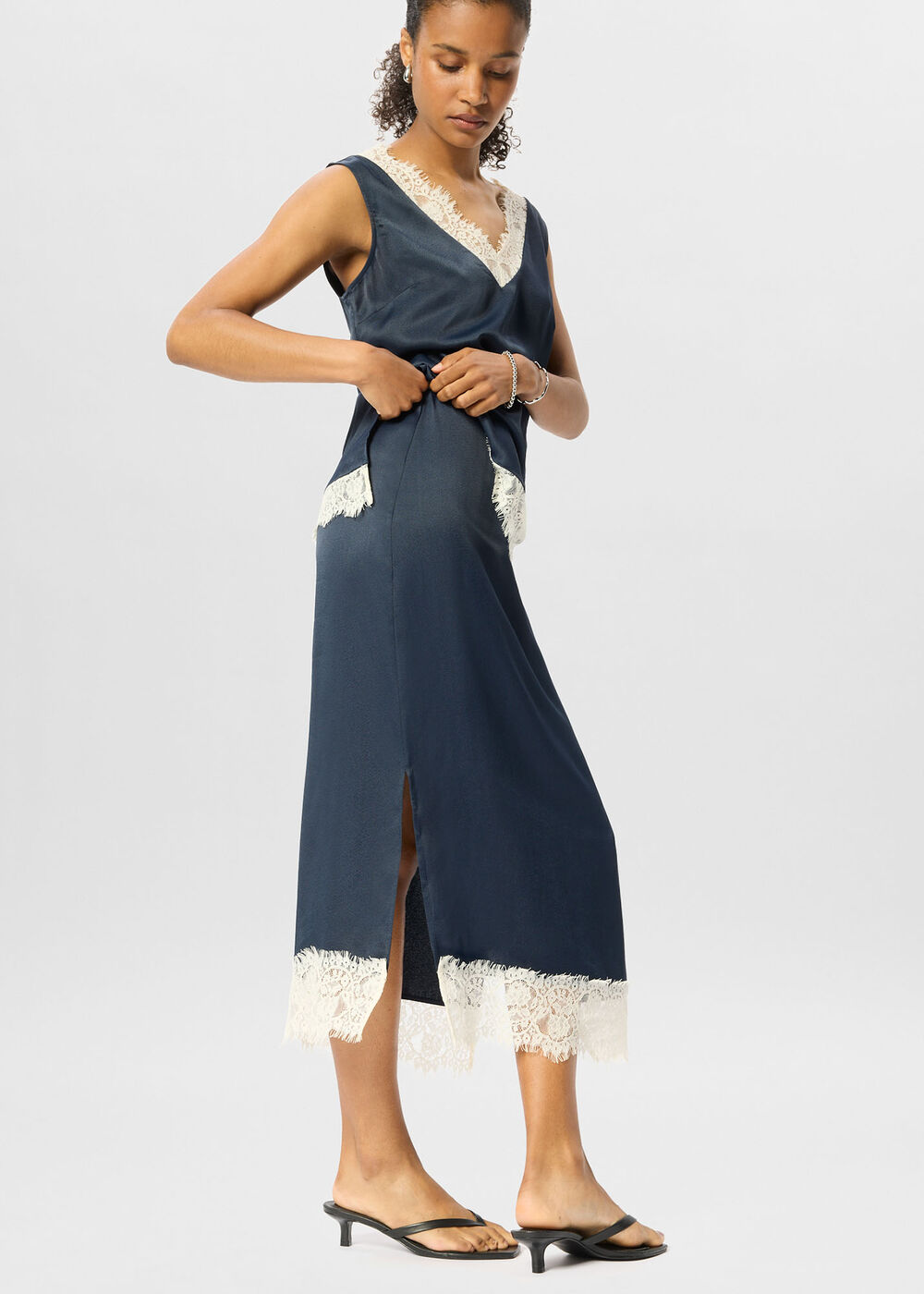 Lace Hem Satin Midi Skirt