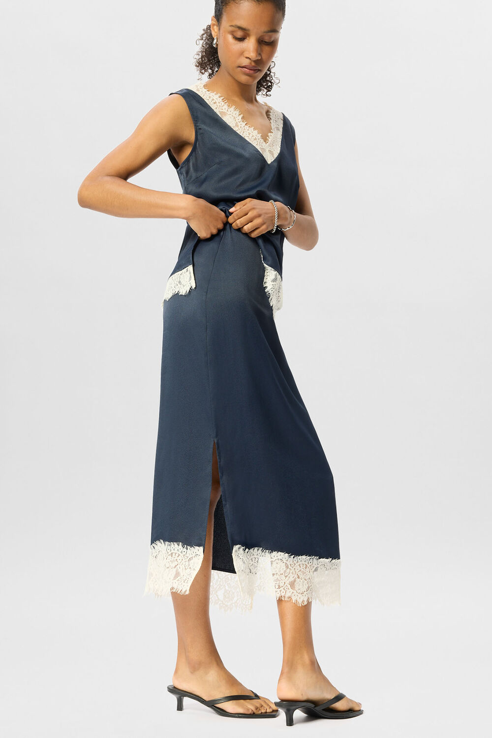 Lace Hem Satin Midi Skirt