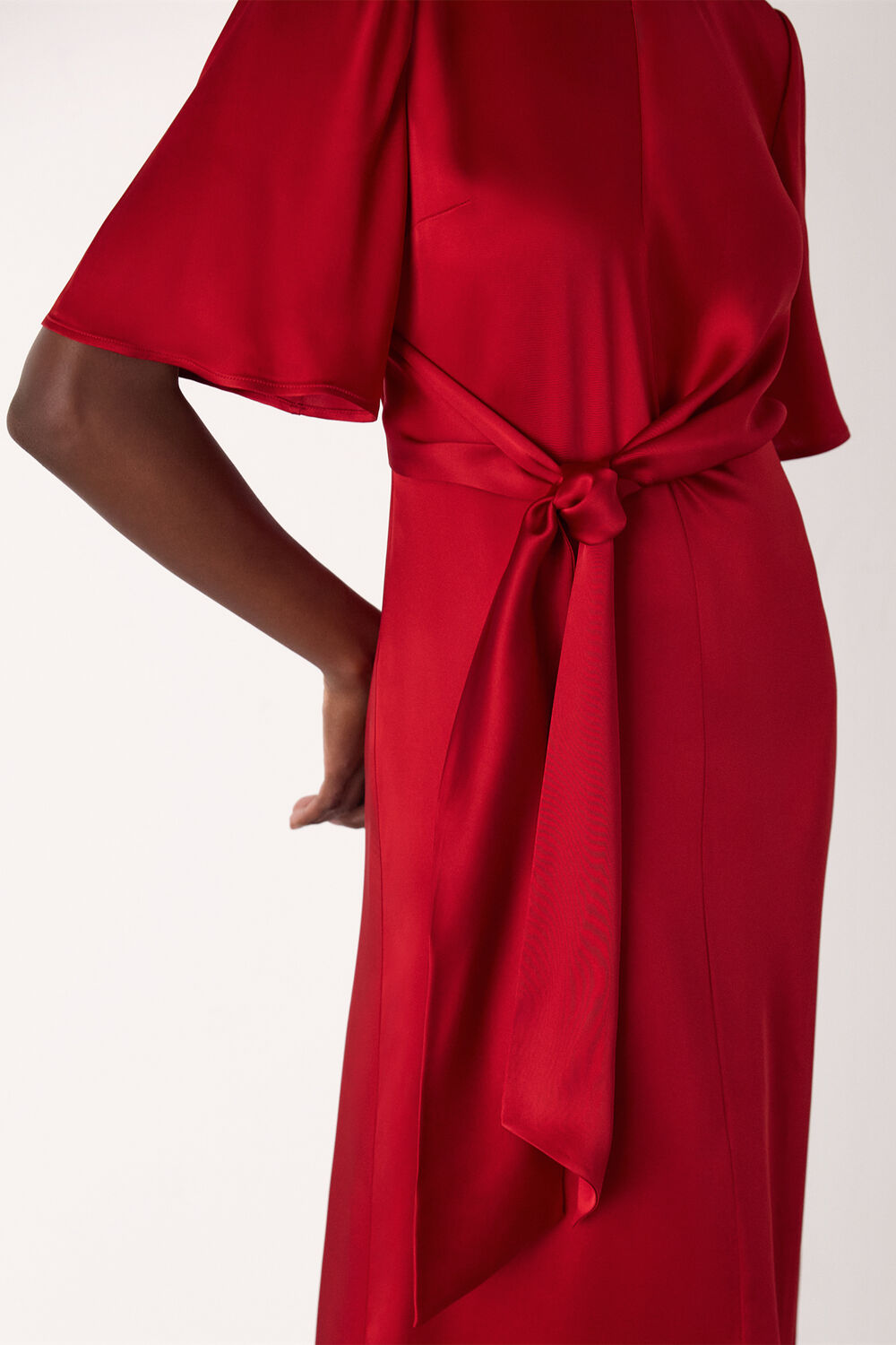Red Satin Twist Waist Midi Dress