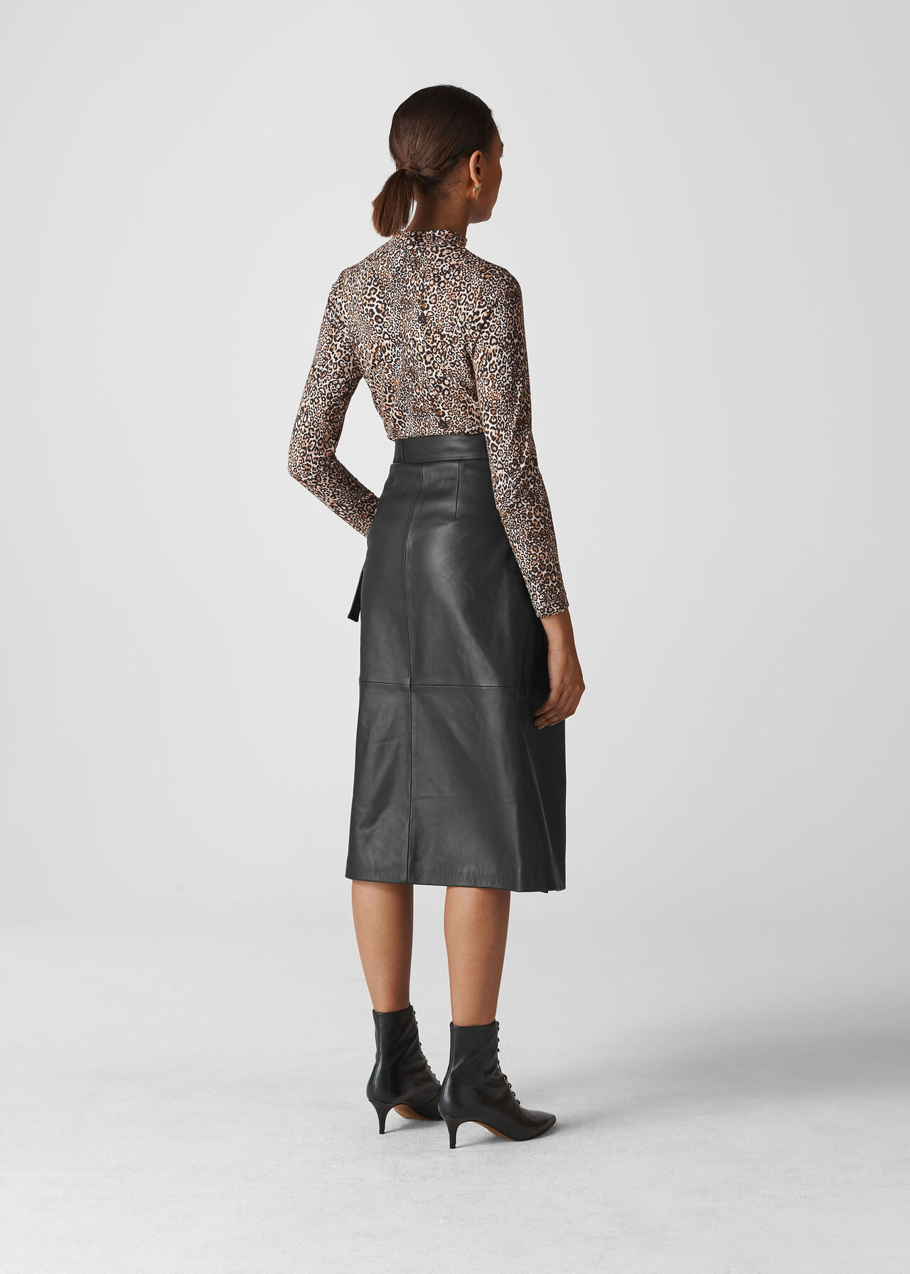 Leather Wrap Midi Skirt Black
