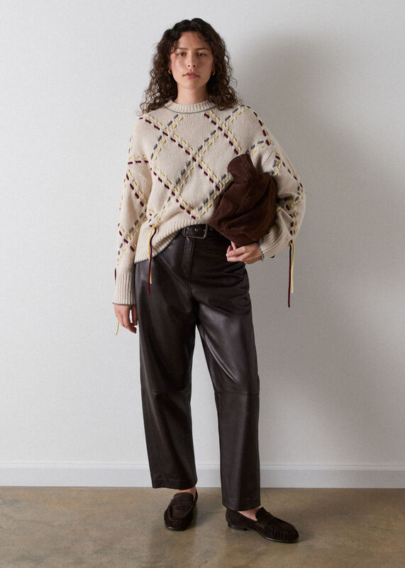 Ivory Fringed Argyle Check Knit