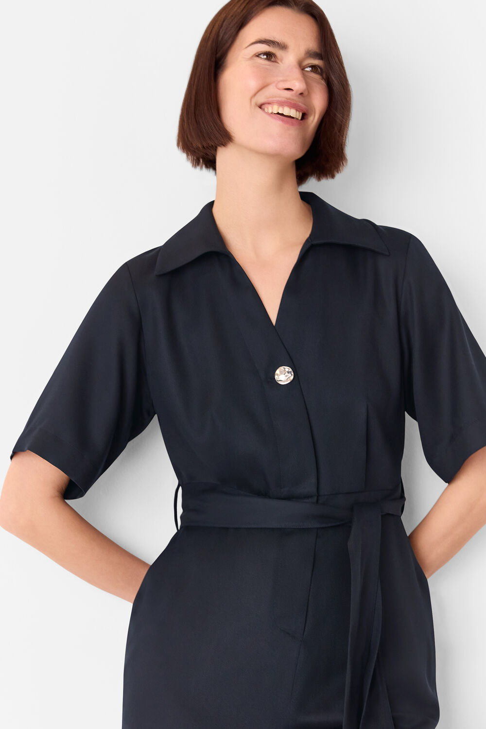 Navy Button Front Jumpsuit
