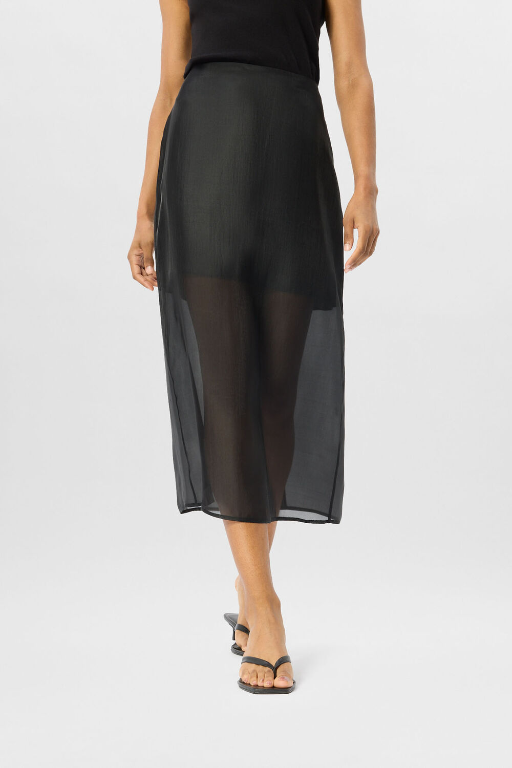 Black Organza Column Midi Skirt