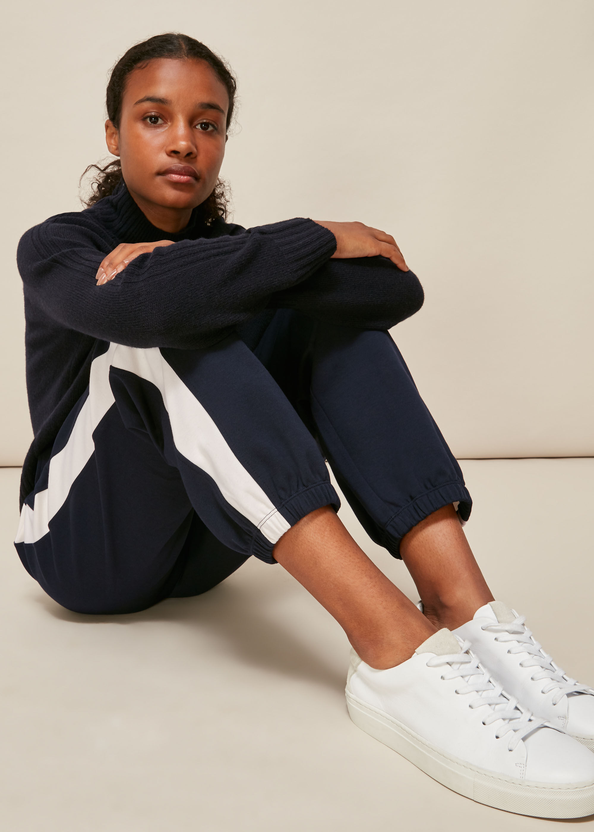 Navy joggers with white stripe cheap