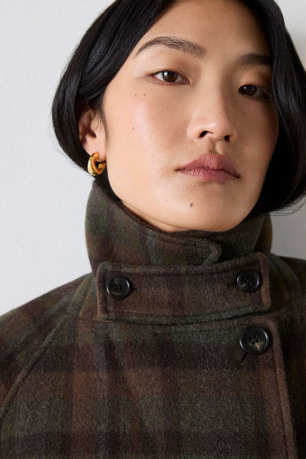 Khaki Funnel Neck Check Coat