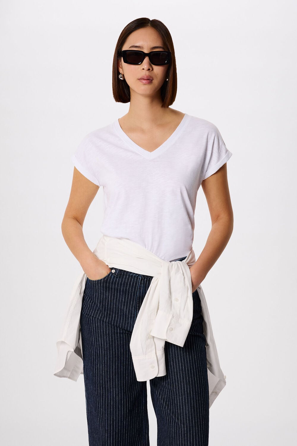 White Willa V-Neck Cap Sleeve Tee