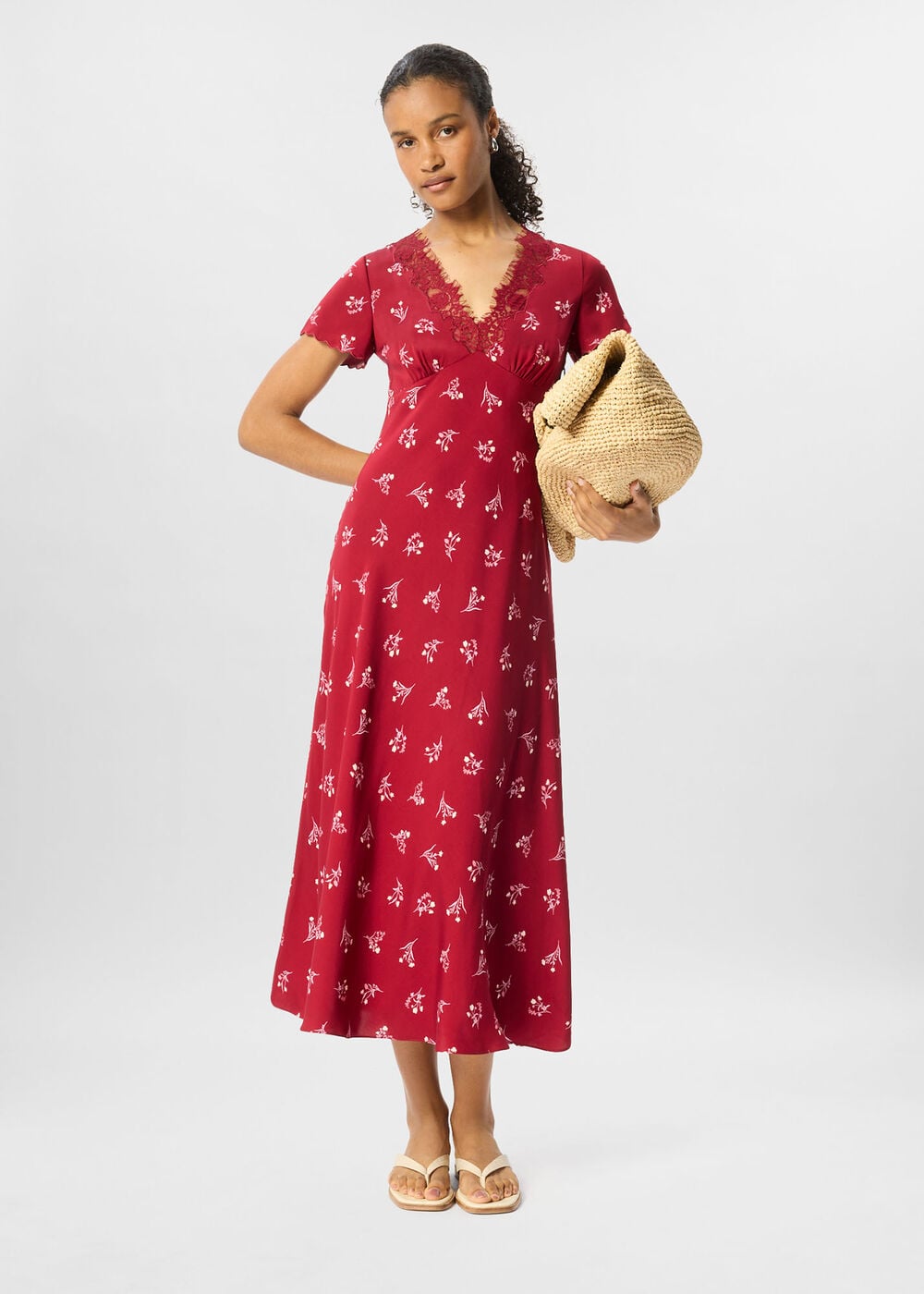 Floral Lace Trim Midi Dress