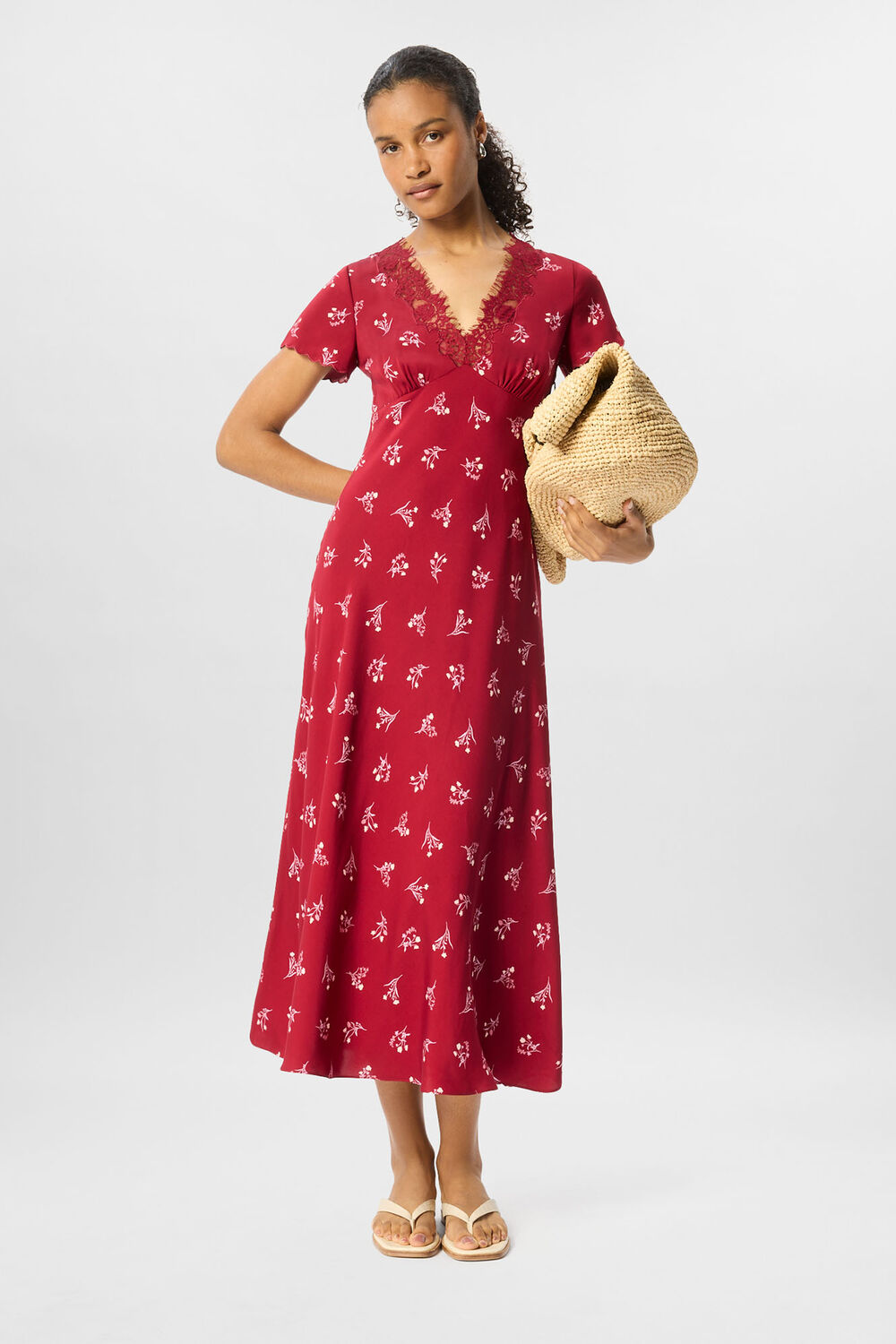 Burgundy Floral Lace Trim Midi Dress