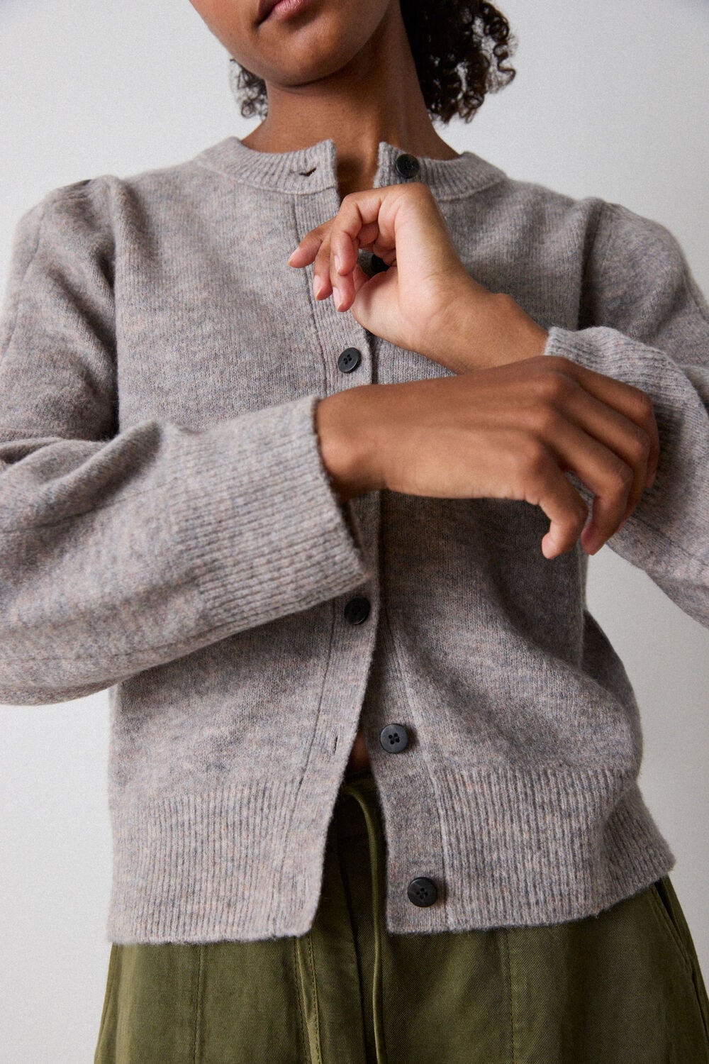 Neutral Wool Mix Puff Sleeve Cardigan
