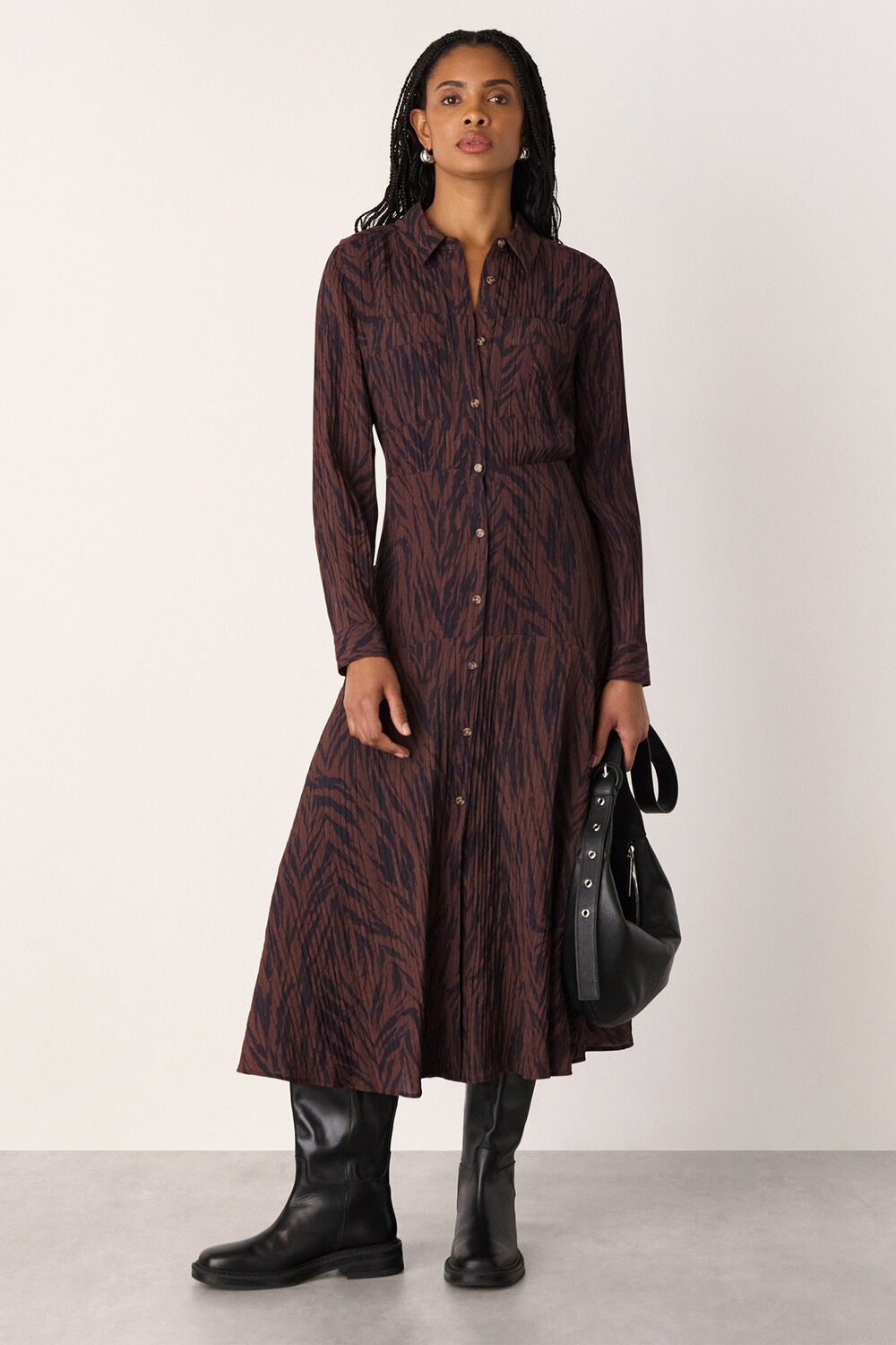 Brown Zebra Collared Shirt Dress