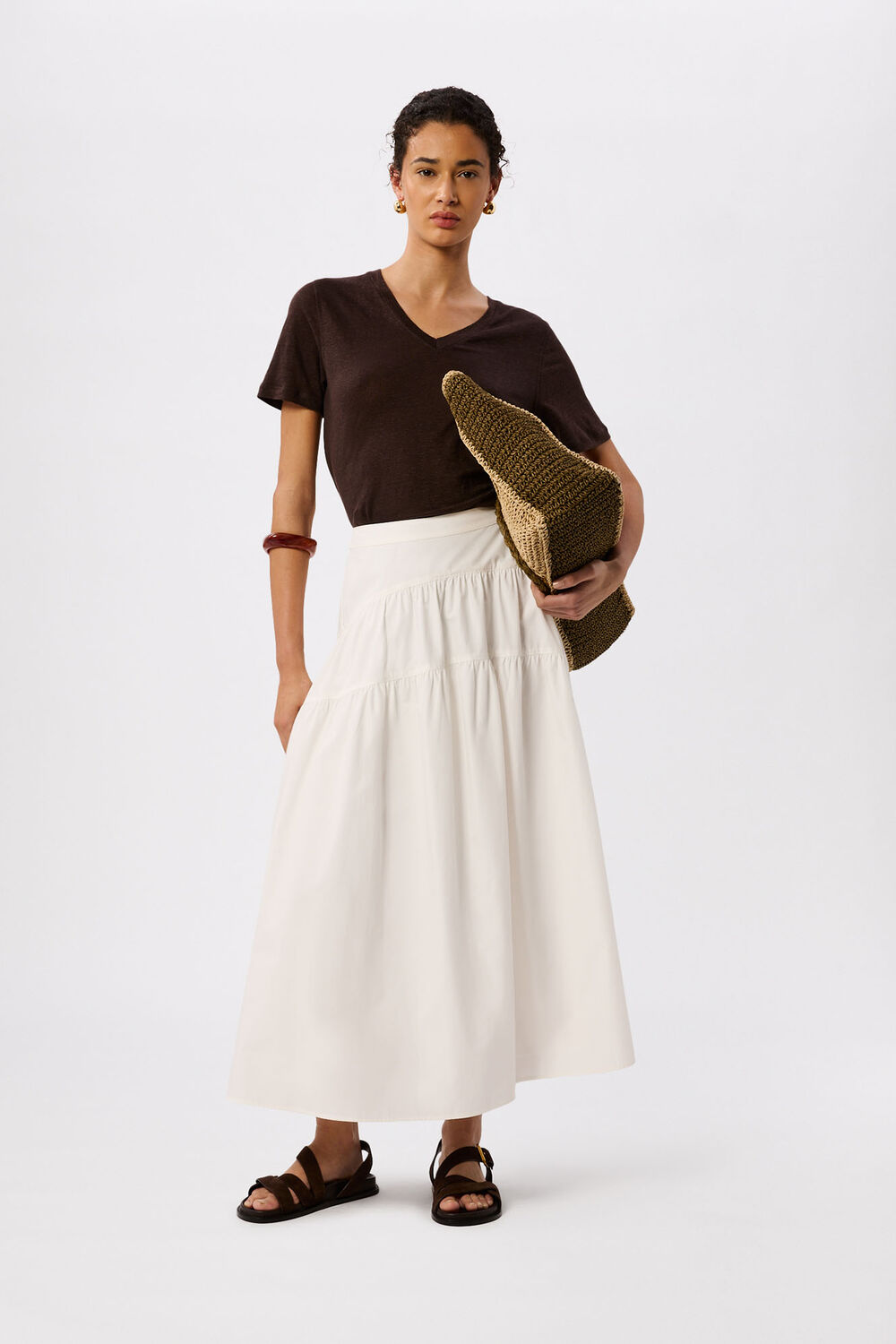Brown Linen V Neck T-Shirt