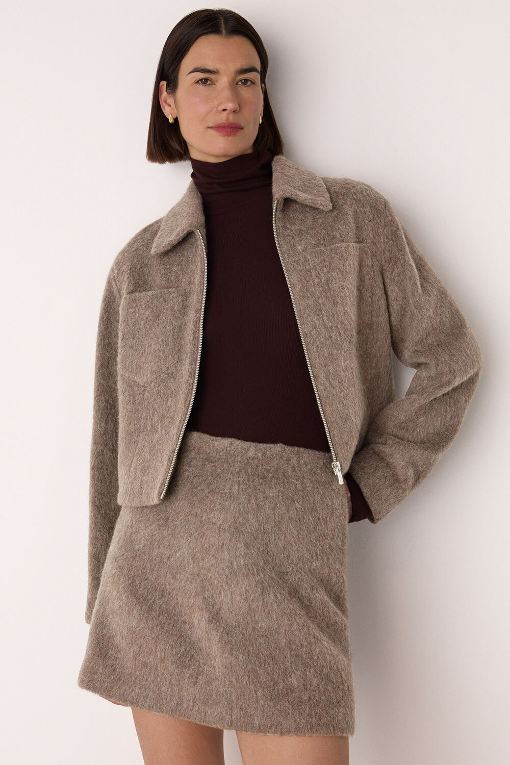 Taupe Zip Through Wool Blend Jacket